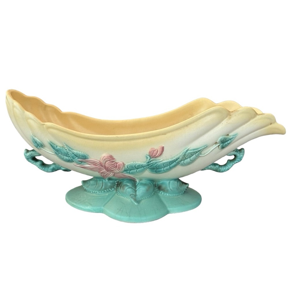 Hull Art Pottery 1949 Era Woodland Pattern Green Matte Glaze Console Bowl